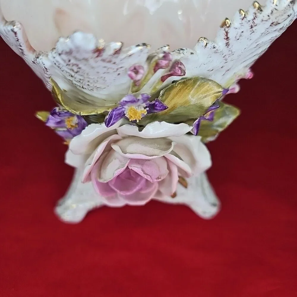Rose Vase Vee Jackson Pottery Capodimonte Style Leaf Shape 3D Flower VTG Planter